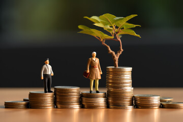 Miniature people on coins stack with tree in concept of retirement planing financial