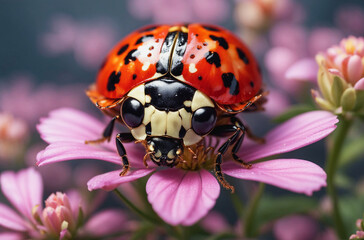 Fototapeta premium Ladybug, a small red beetle with black spots. It skillfully climbs on the delicate, pink petal of a daisy, macro, close up. Generative AI