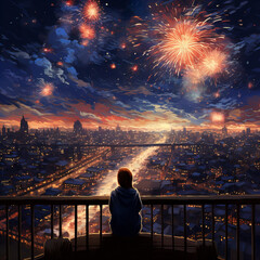 a person sitting alone on the balcony and watching the fireworks at new years eve, sylvester