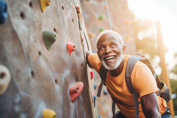 African old sportsman exercises climbing on climbing wall