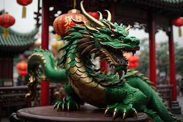 Obraz premium Vibrant green wooden dragon, adorned with intricate patterns and symbols, representing strength and power. Chinese New Year celebrations