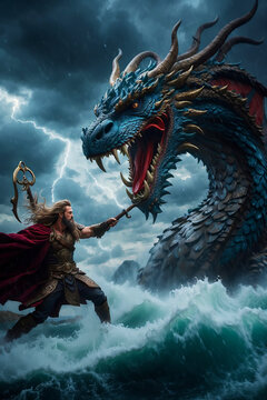 Odin the father of the gods fights against a blue dragon