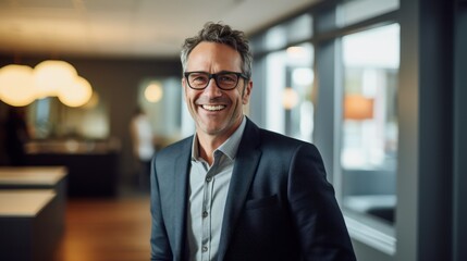 Obraz premium Portrait of attractive confident businessman looking at camera in the office. CEO manager photo in the office with a blurred background