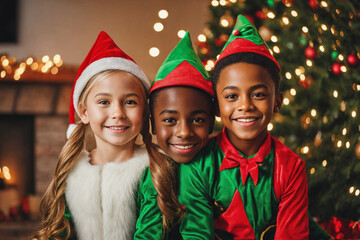 Multiracial children dressed as christmas elves. Portrait of children with Santa Claus hats. Generative Ai.