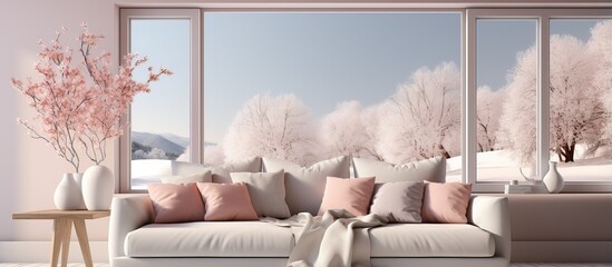 White room with sofa and summer landscape in window reflecting Scandinavian interior design artwork