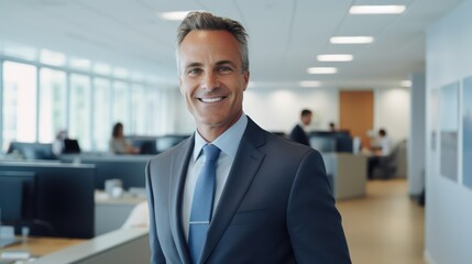 Fototapeta premium Portrait of attractive confident businessman looking at camera in the office. CEO manager photo in the office with a blurred background