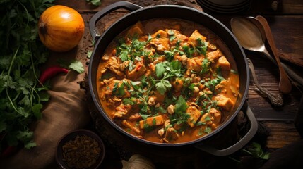 food photography African peanut stew with chicken and sweet potatoes, copy space, 16:9 - obrazy, fototapety, plakaty
