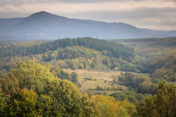 Different perspectives of Saliste de Beius village located in Bihor County, Romania in autumn. View scene to Magura Fericii Peak