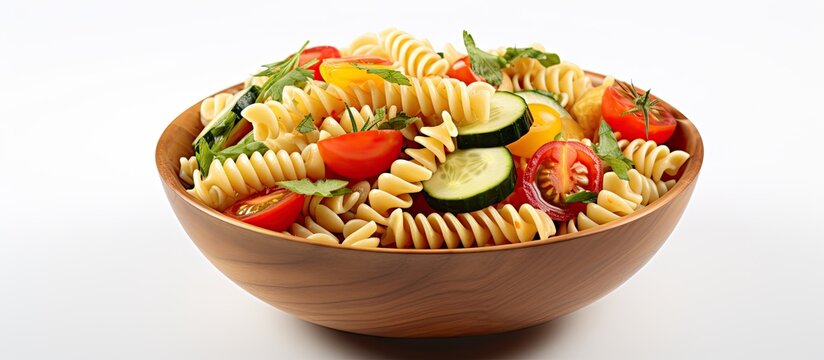 Fusili pasta salad with veggies in a bowl