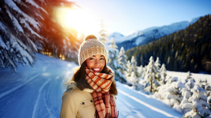 Fototapeta premium Young woman in plaid scarf enjoys snowy outdoor setting, exuding happiness and winter recreation.