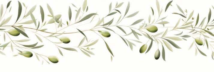 Olive seed and olive leaves pattern on white background. Banner