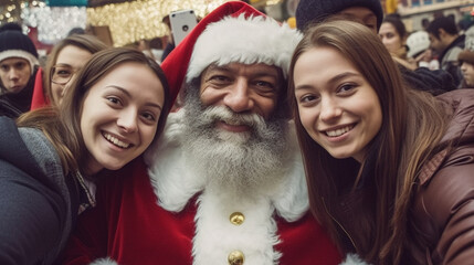 People pose with Santa Claus in joyful holiday scene.