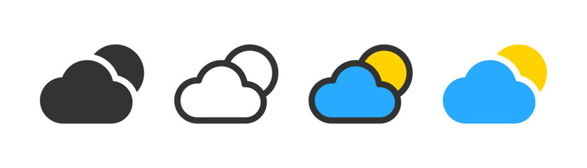Sun behind cloud icon, cloudy weather, simple outline flat style vector illustration.