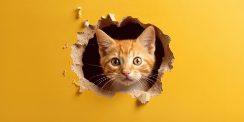 Cute Kitty peeking out of a hole in wall, torn hole, empty copy space frame, mockup. Generative AI image weber. - obrazy, fototapety, plakaty