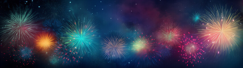 colorful fireworks background banner, happy new year - obrazy, fototapety, plakaty