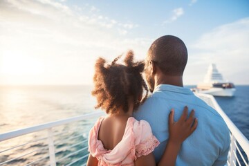 African child girl traveling on a cruise ship with their father enjoying the beautiful sunny atmosphere on board - obrazy, fototapety, plakaty