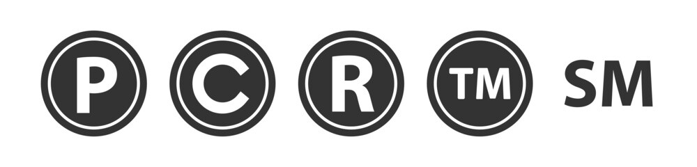 Trademark copyright icon set. Registered trade mark symbol. Legal copyright P, C, R, TM, SM sign in circle, intellectual property. Line style icon for web design. Vector illustration.