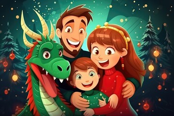 Naklejka premium Cute cartoon green dragons wearing a Santa hat. New Year animal illustration. Christmas card.