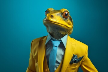 A frog wearing a suit on a blue background, in the style of surreal fashion photography. - obrazy, fototapety, plakaty