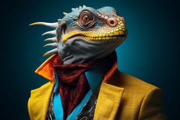 A lizard in a suit and jacket, in the style of colorful neo-romanticism.