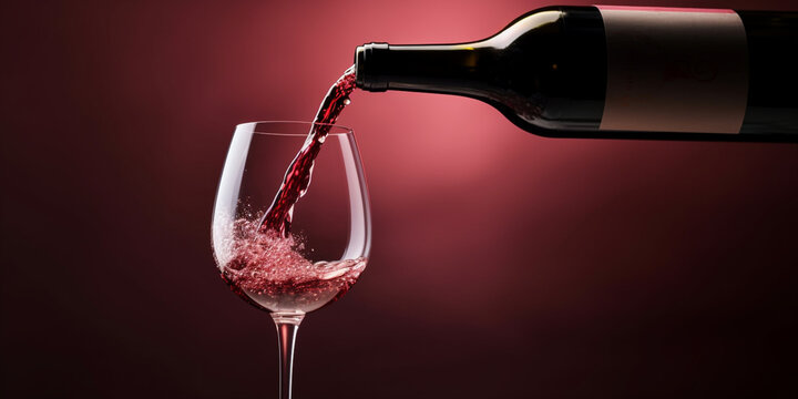 Red wine being poured in wineglass, closeup Red wine is poured into a wine glass on a black background Close-up of Red Wine Filling a Wineglass Wine Pouring A Splash of Red Elegance.AI Generative
