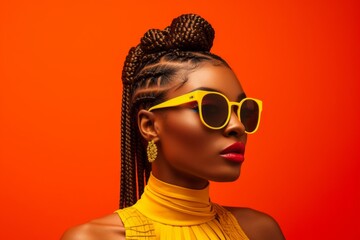 Black teenage woman with braids in sunglasses, sitting on an orange background.