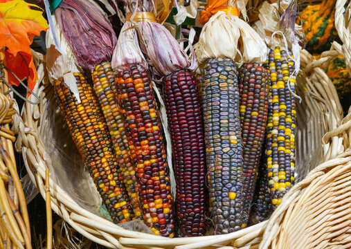 colorful ears of indian corn