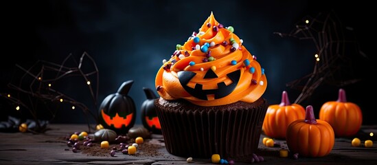 Halloween themed muffin with pumpkin decoration and colored toppings