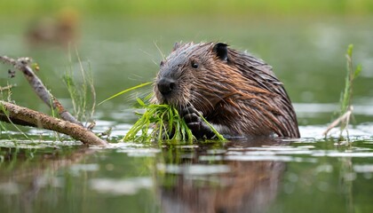 wet eurasian beaver castor fiber eating leaves in swamp in summer aquatic rodent gnawing greens in water brown mammal holding twigs in lake - obrazy, fototapety, plakaty