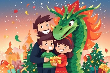 Fototapeta premium Cute cartoon green dragons wearing a Santa hat. New Year animal illustration. Christmas card.