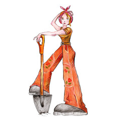 watercolor illustration girl builder in stylish trousers with a shovel, for sticker,emblem,print,drawing,sketch