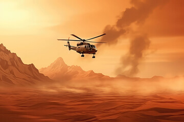 Fototapeta na wymiar Military Chopper Flies Through Desert, Amidst Fire And Smoke