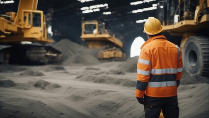 ale engineer wearing uniform, protective eye glasses and hard hat standing at coal mine heavy equip