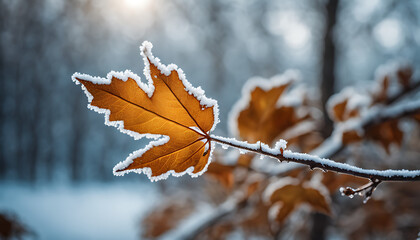 Autumnal foliage and a frozen branch are in the background. a branch with leaves covered in frost 
