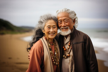 Loving elderly Asian couple with traditional jewelry, sharing a moment of joy and connection on a serene beach.