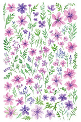 Pink and purple flowers and blossoms seamless pattern