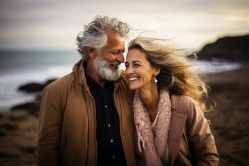 Joyful mature couple sharing a genuine laugh on the beach, with windblown hair during a romantic sunset.