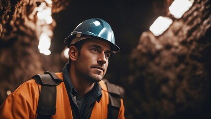 Male worker in Miner underground at a copper mine - obrazy, fototapety, plakaty