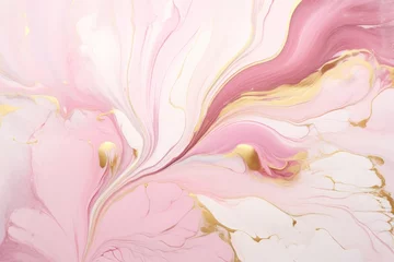 Foto op Aluminium The Art of Suminagashi. Very nice pink and white paint with gold line. Golden swirl, artistic design. The style includes swirls of marble or ripples of agate. Elegant composition. © DreamPointArt