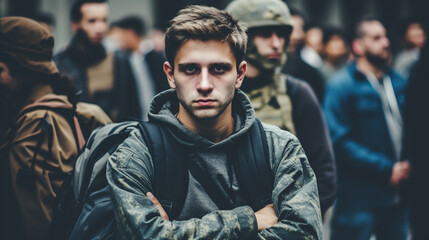 Fototapeta premium Everyday life with soldiers as protection and guarding on the streets, bad mood, terror and attacks and crime on the streets, military protection and security