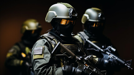 Fototapeta premium three determined soldiers in uniform with guns in dark setting