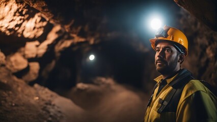 Male worker in Miner underground at a copper mine - obrazy, fototapety, plakaty