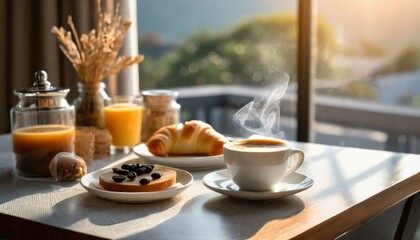 espresso coffee cup on table near window with morning light food and drink photography