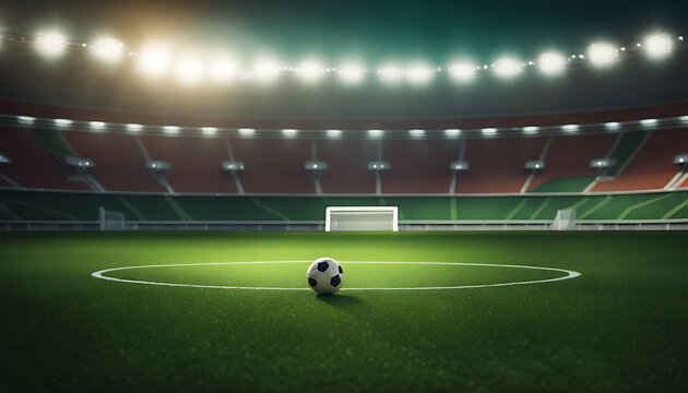 digital 3D background advertisement background illustration of a worldwide grass stadium lit by spotlights and a vacant green grass playground