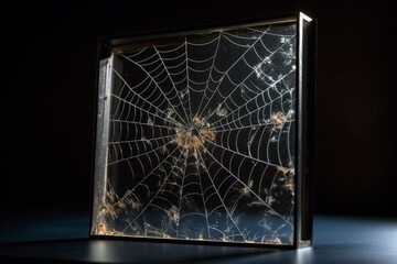 Square glass window with cobwebs on a black background. Generative AI