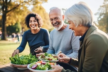 group diversity old senior people eating healthy salad after exercising in the park in tracksuit in daytime