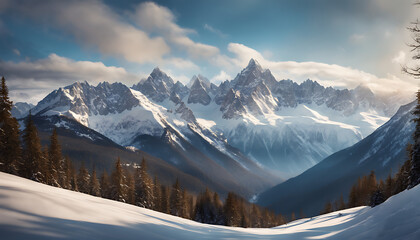 mountain range with snow covered peaks.