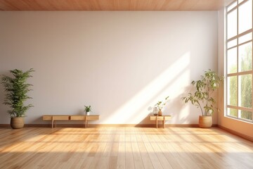 Empty light wall in bright office with wooden floor and eco furniture. Mockup. Generative AI