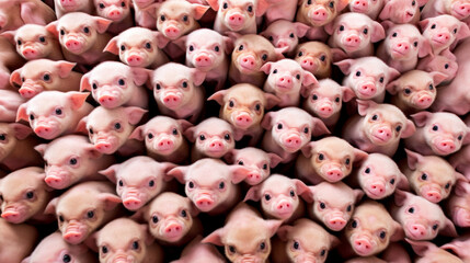 A large group of baby pigs, or piglets, are gathered together in a room. They are all looking upwards