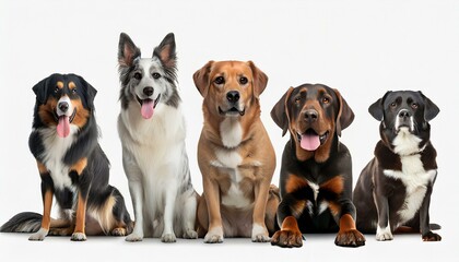 group of sitting dogs of different breeds on a white background - obrazy, fototapety, plakaty